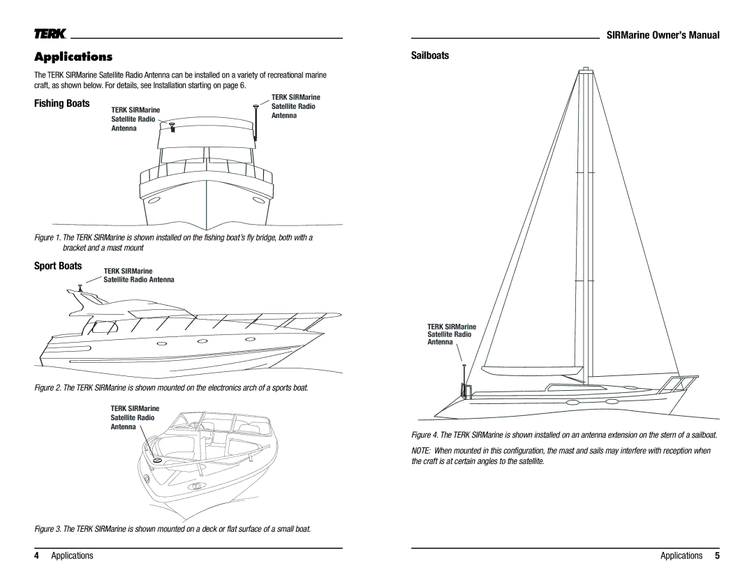 Audiovox SIRMarine owner manual Applications, Fishing Boats, Sport Boats, Sailboats 