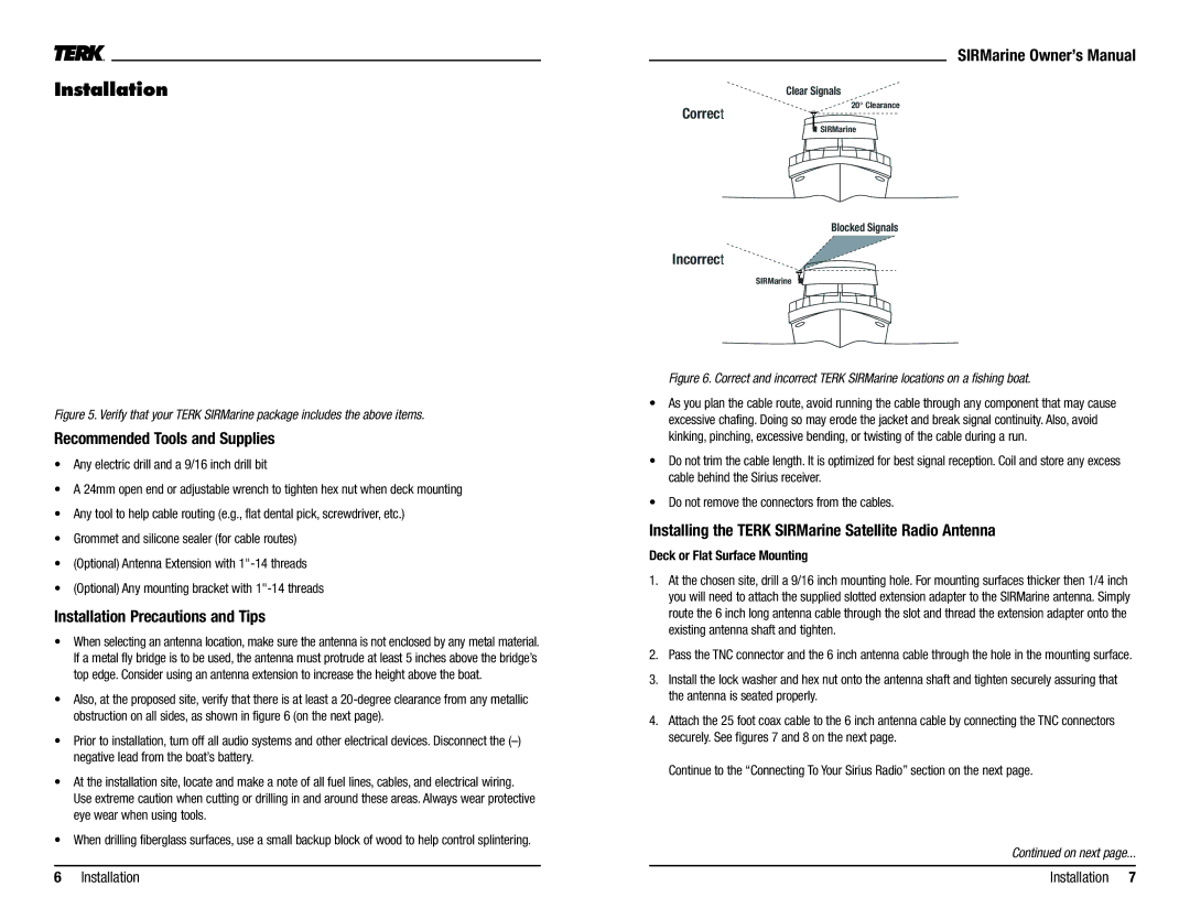 Audiovox SIRMarine Recommended Tools and Supplies, Installation Precautions and Tips, Deck or Flat Surface Mounting 