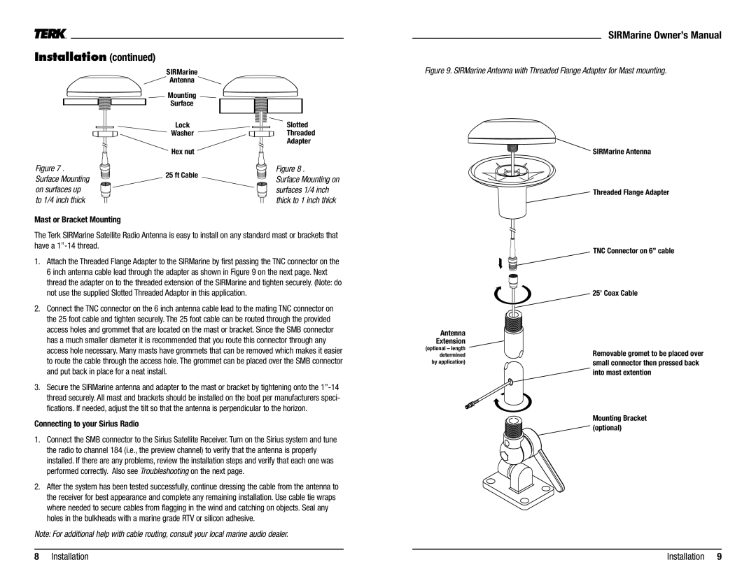 Audiovox SIRMarine owner manual Surface Mounting, On surfaces up To 1/4 inch thick Mast or Bracket Mounting 