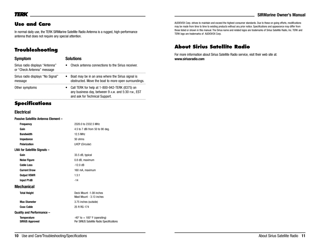 Audiovox SIRMarine owner manual Use and Care, Troubleshooting, Specifications, About Sirius Satellite Radio 