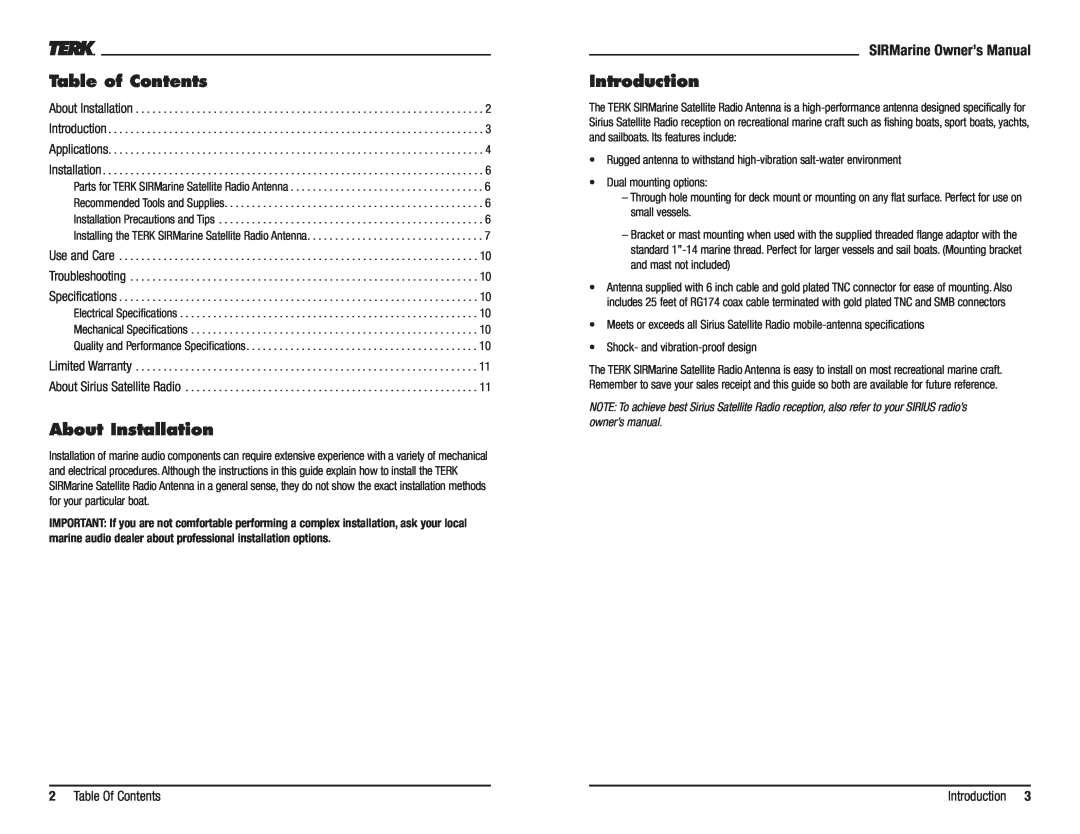 Audiovox SIRMarine owner manual Table of Contents, About Installation, Introduction, 2Table Of Contents 