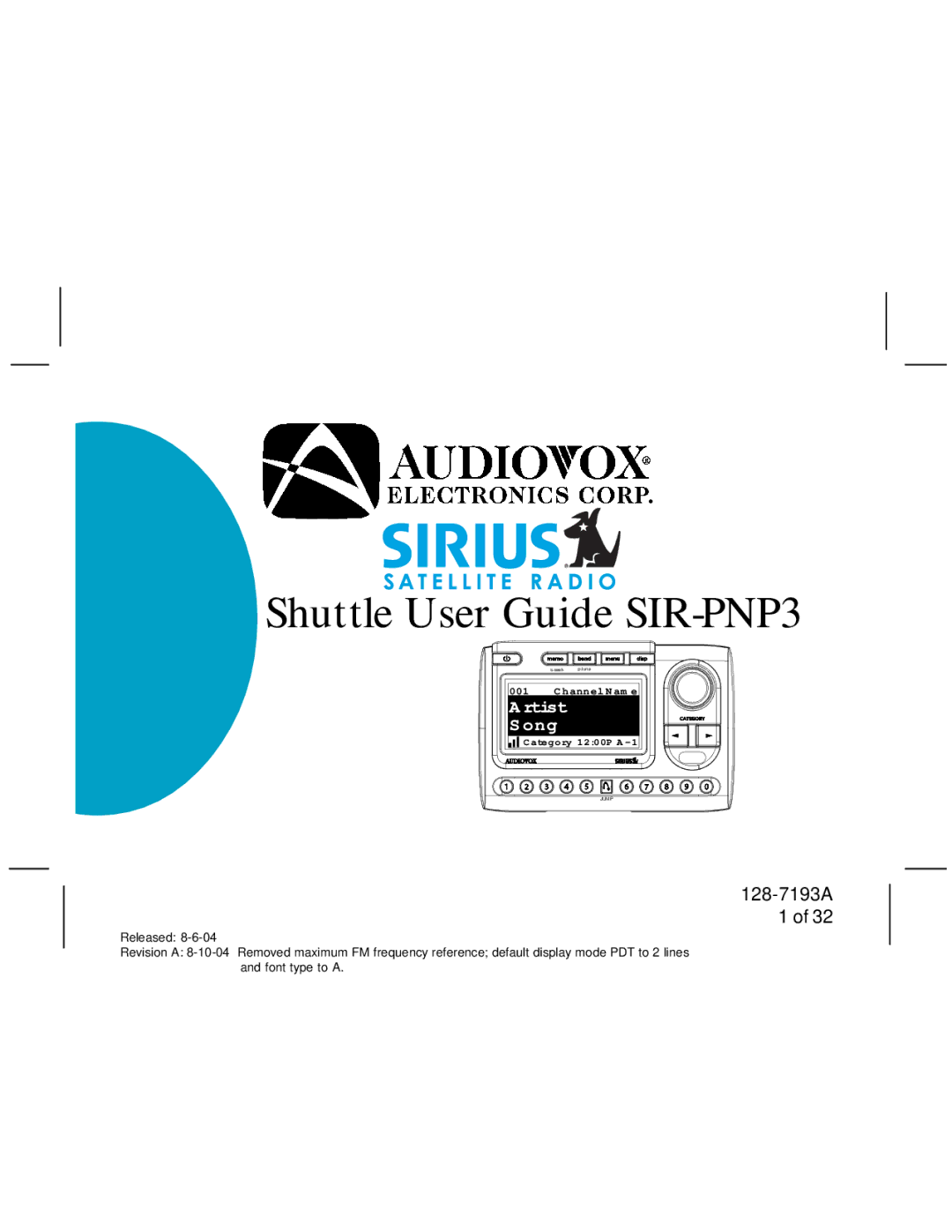 Audiovox SIRPNP3 manual Shuttle User Guide SIR-PNP3 