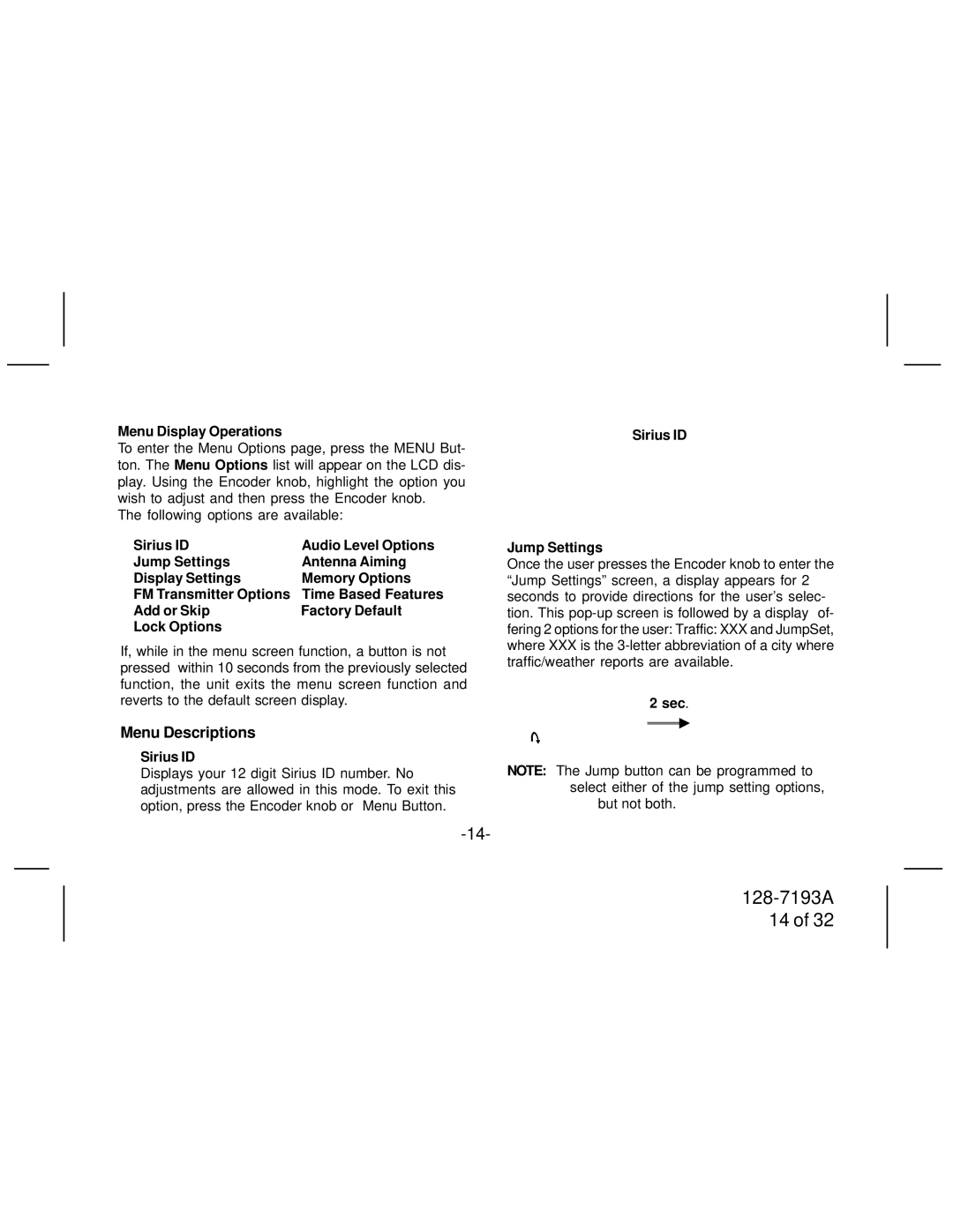 Audiovox SIRPNP3 manual Menu Display Operations Sirius ID, Sec 