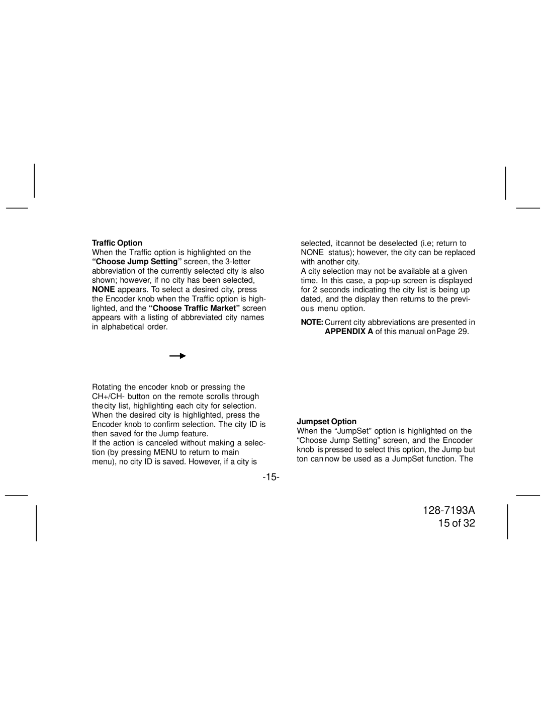 Audiovox SIRPNP3 manual Traffic Option, Jumpset Option 