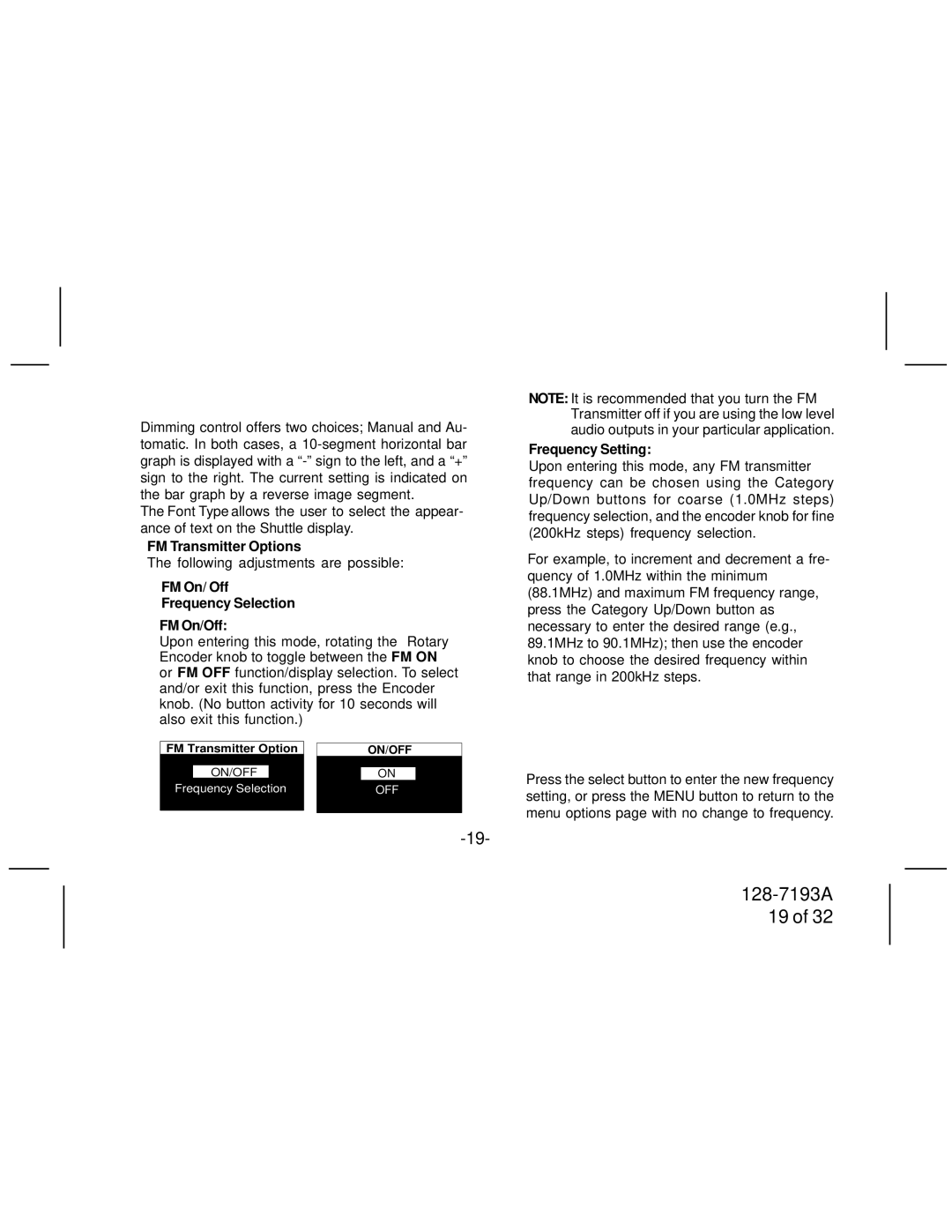 Audiovox SIRPNP3 manual FM On/ Off Frequency Selection FM On/Off, Frequency Setting 