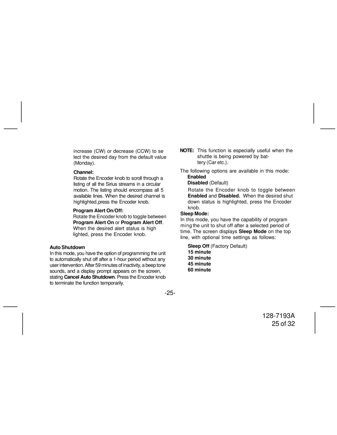 Audiovox SIRPNP3 manual Channel, Program Alert On/Off, Enabled Disabled Default, Minute 