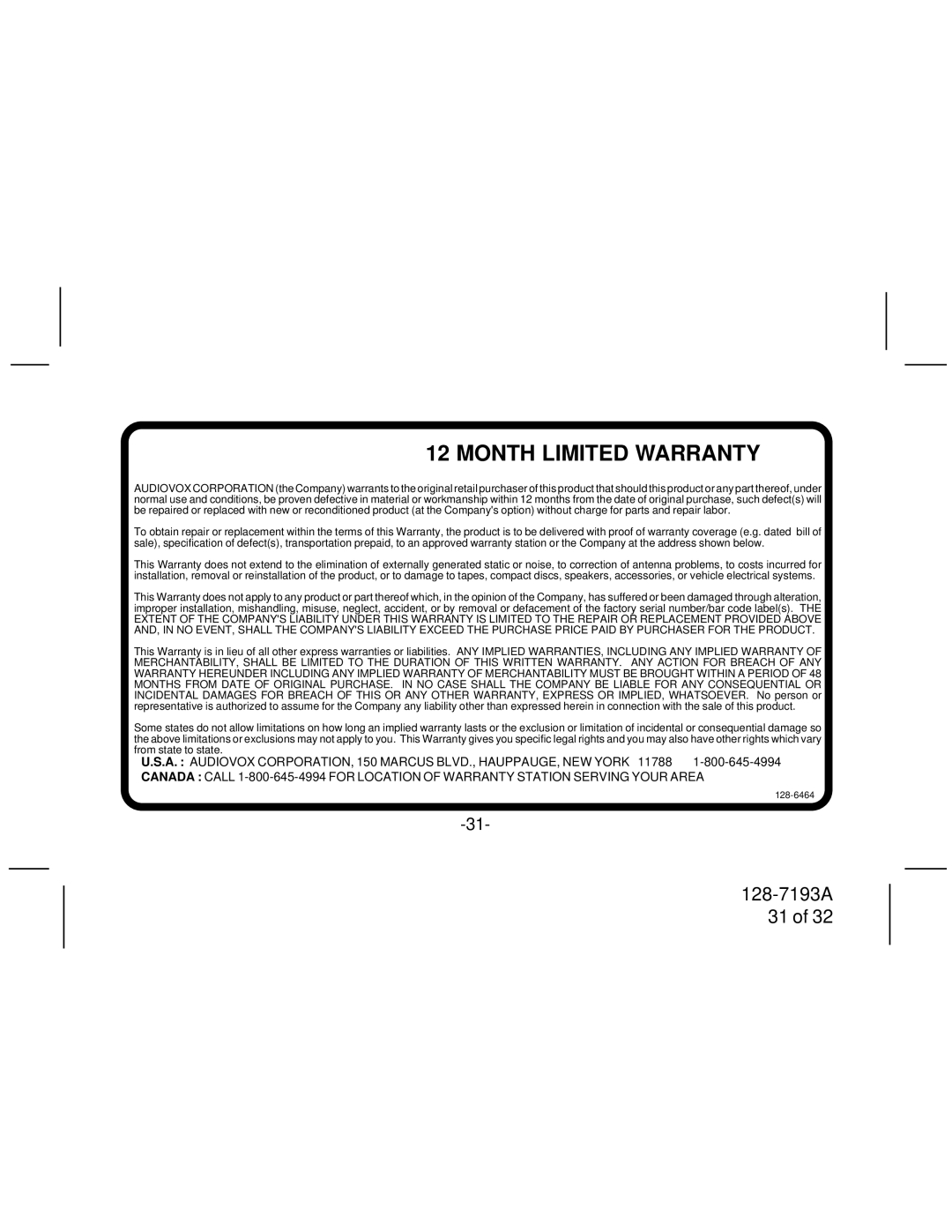 Audiovox SIRPNP3 manual Month Limited Warranty 