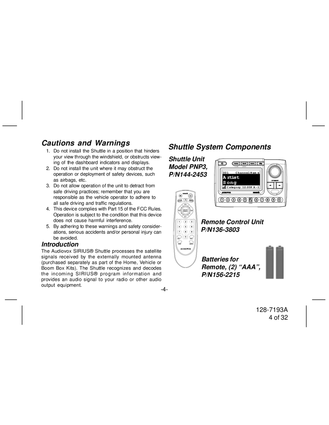 Audiovox SIRPNP3 manual Shuttle System Components 