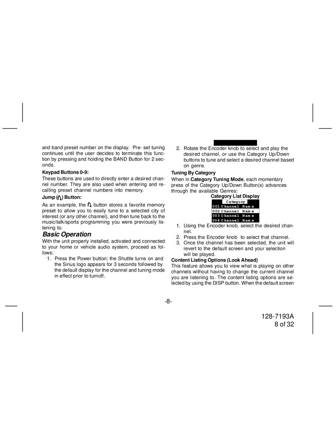 Audiovox SIRPNP3 manual Keypad Buttons, Jump Button, Tuning By Category, Category List Display 