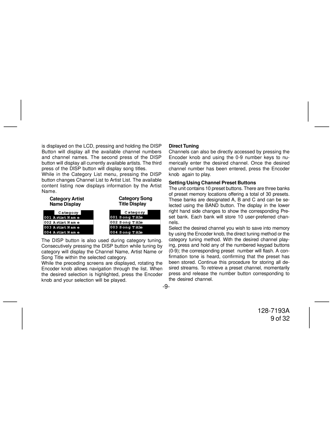 Audiovox SIRPNP3 manual Direct Tuning, Setting/Using Channel Preset Buttons, Category Artist Name Display 