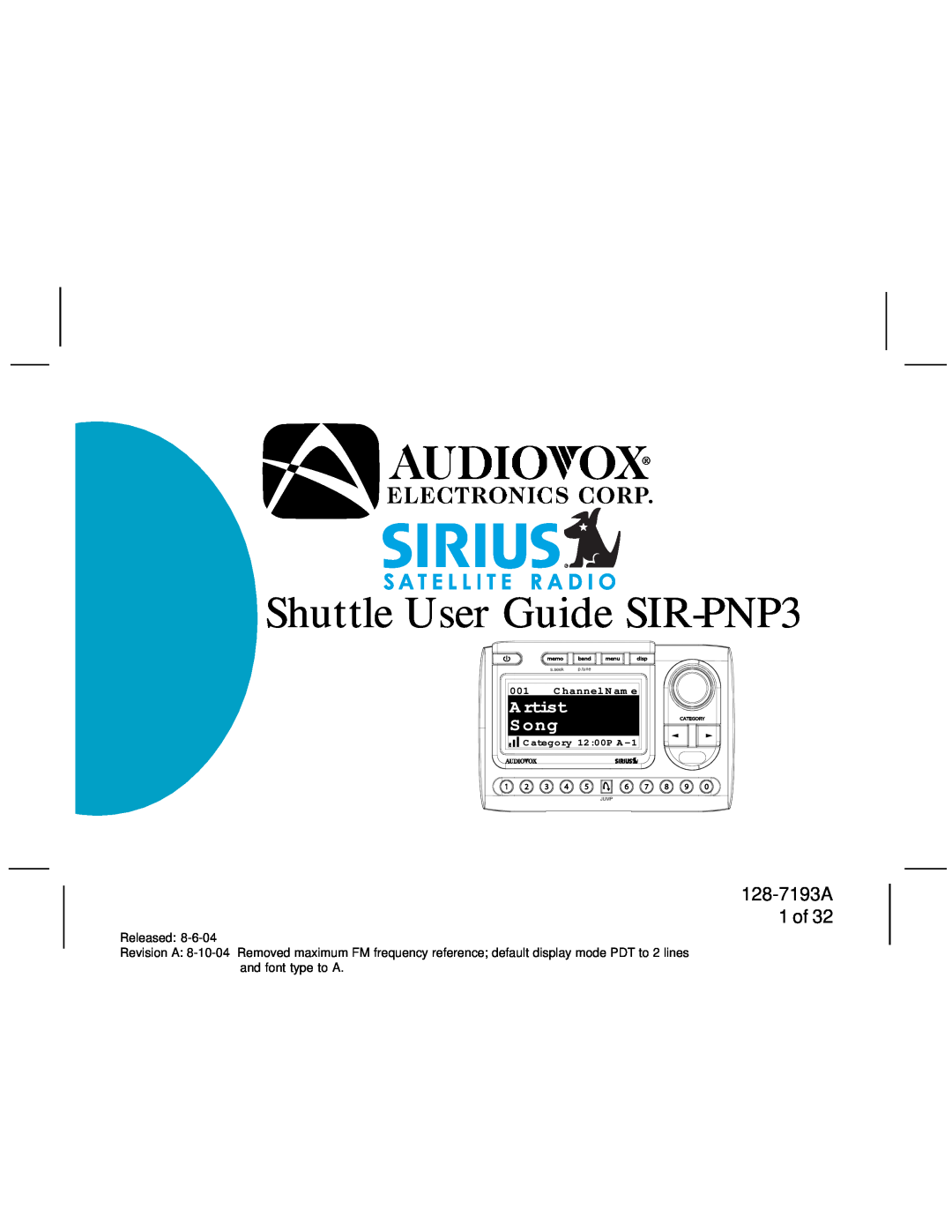 Audiovox SIRPNP3 manual 128-7193A 1 of, Shuttle User Guide SIR-PNP3, A rtist S ong, C hannel N am e, C ategory 12 00P A 