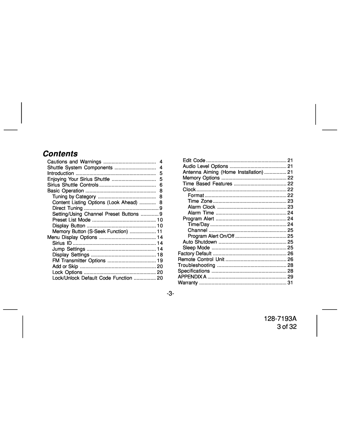 Audiovox SIRPNP3 manual Contents, 128-7193A 3 of 