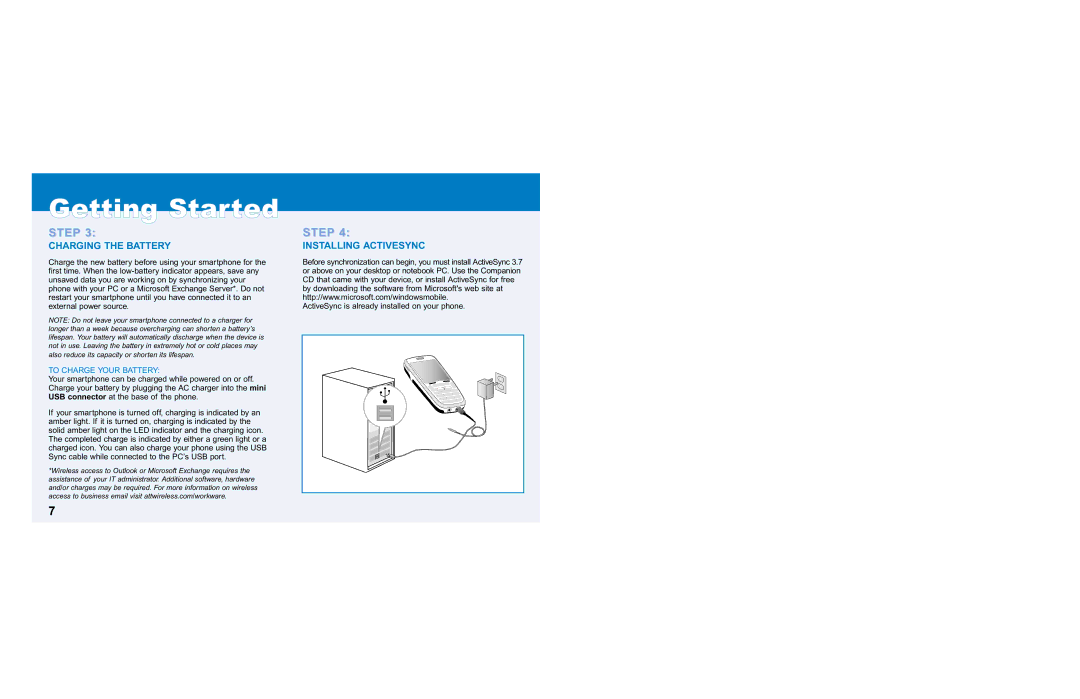 Audiovox SMT 5600 quick start Charging the Battery, Installing Activesync, To Charge Your Battery 