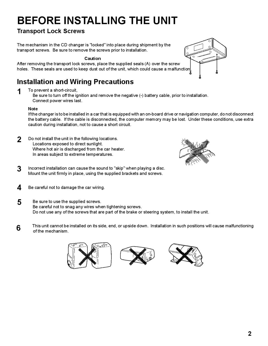 Audiovox SP-10CD installation manual Before Installing the Unit, Transport Lock Screws 