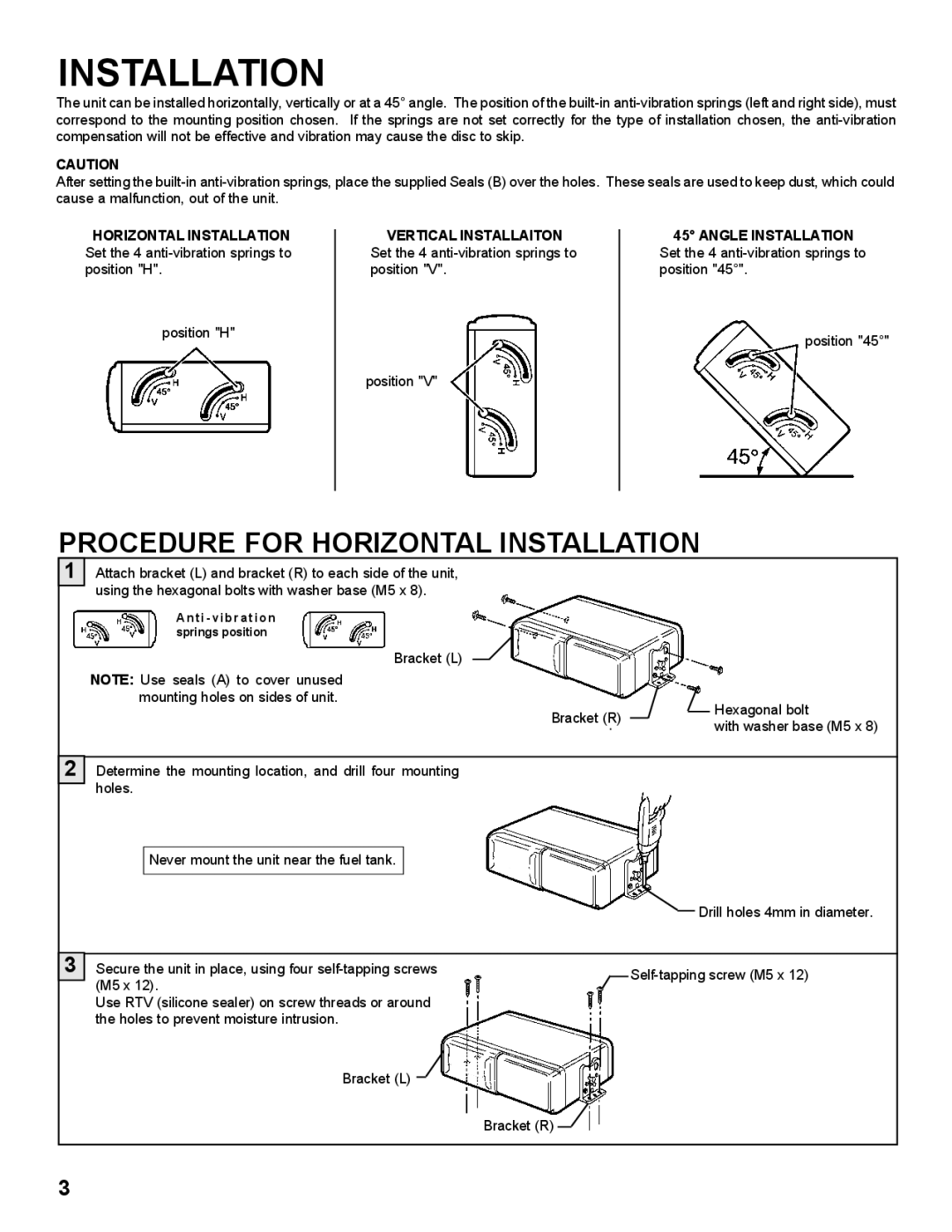 Audiovox SP-10CD installation manual Procedure for Horizontal Installation 