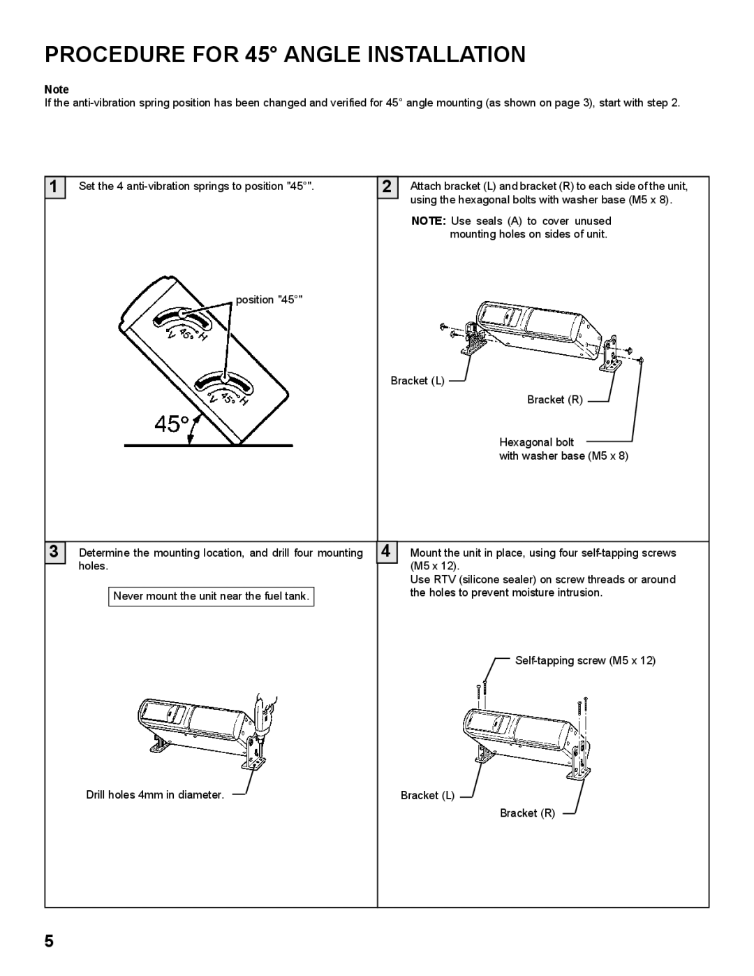 Audiovox SP-10CD installation manual Procedure for 45 Angle Installation 