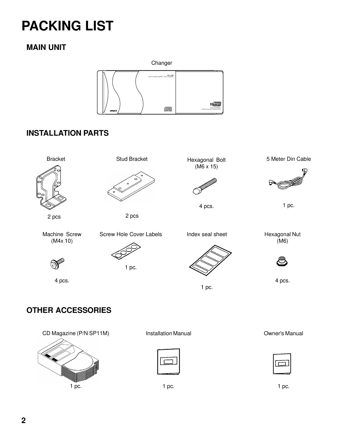 Audiovox SP-11CD installation manual Packing List, Main Unit 