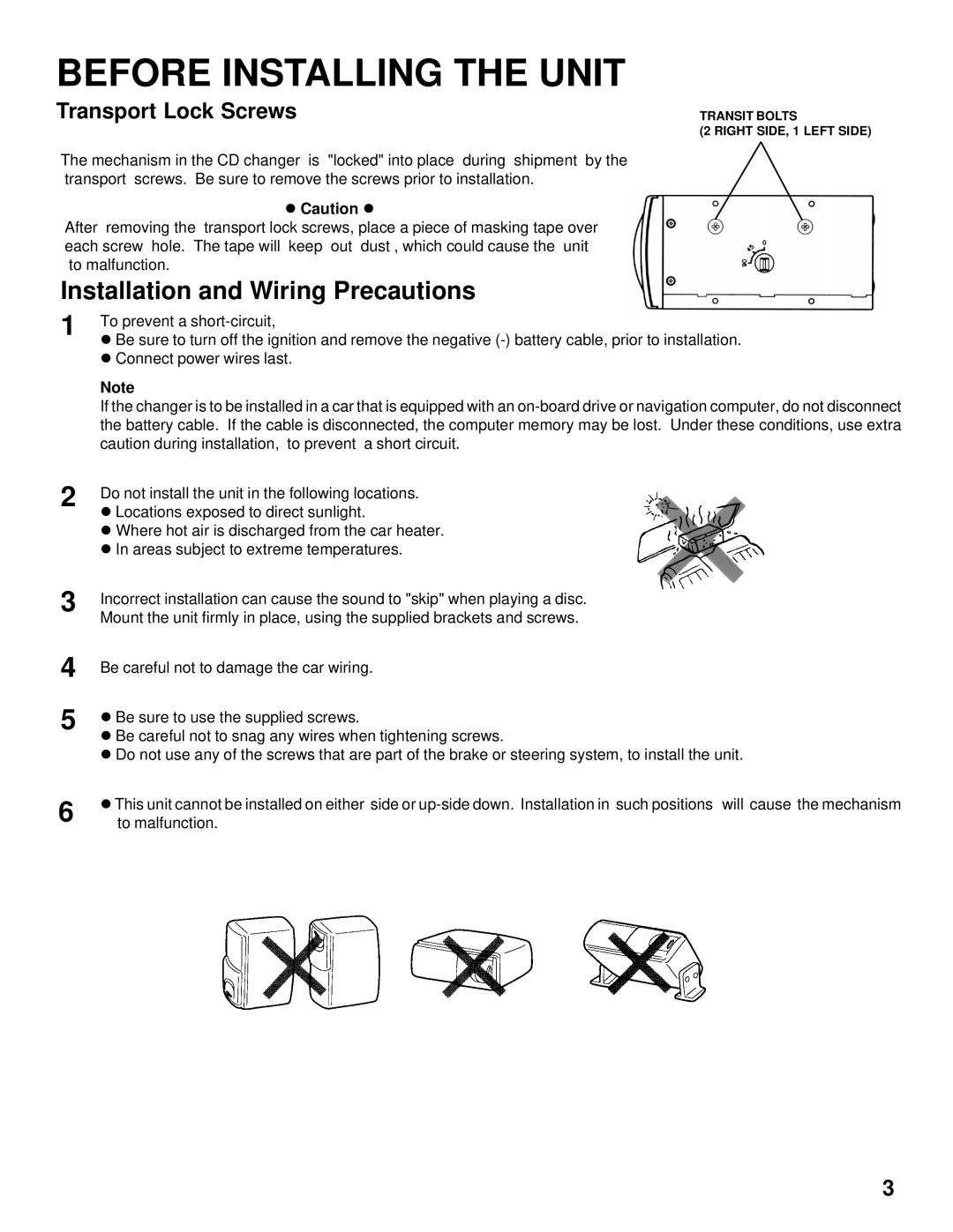 Audiovox SP-11CD installation manual Before Installing the Unit, Transport Lock Screws 