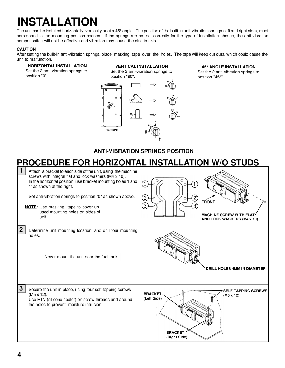 Audiovox SP-11CD installation manual Procedure for Horizontal Installation W/O Studs 