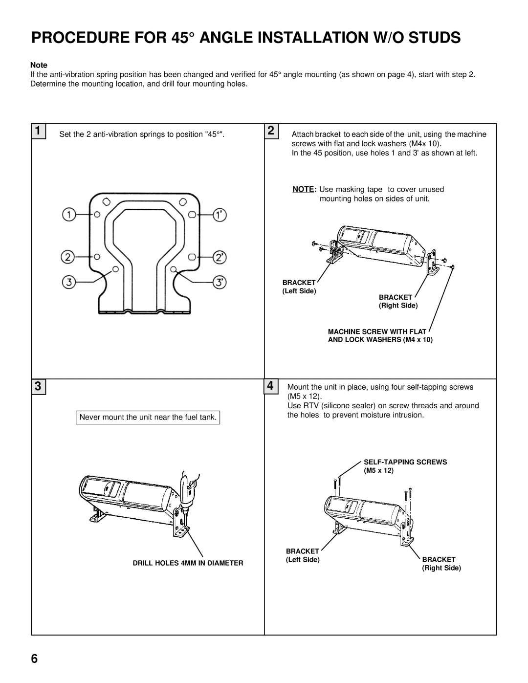 Audiovox SP-11CD installation manual Procedure for 45 Angle Installation W/O Studs 