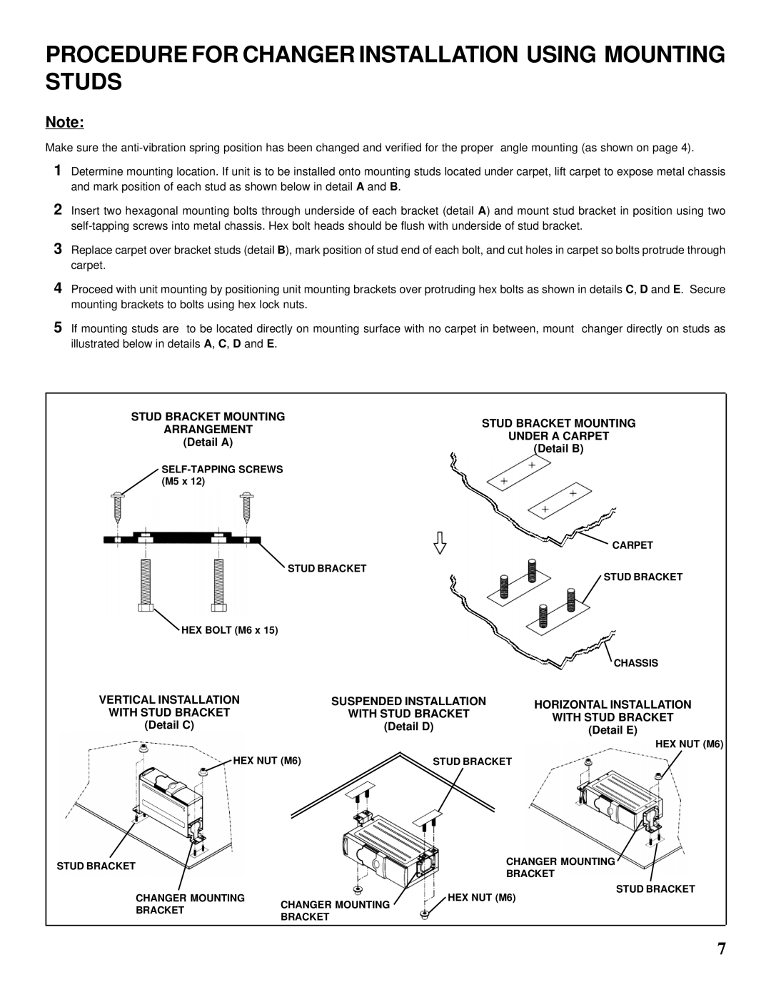 Audiovox SP-11CD installation manual Procedure for Changer Installation Using Mounting Studs 