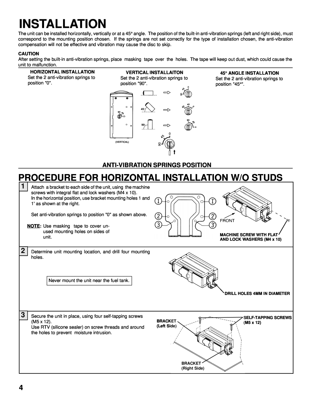 Audiovox SP-11CD installation manual Procedure For Horizontal Installation W/O Studs, Anti-Vibrationsprings Position 