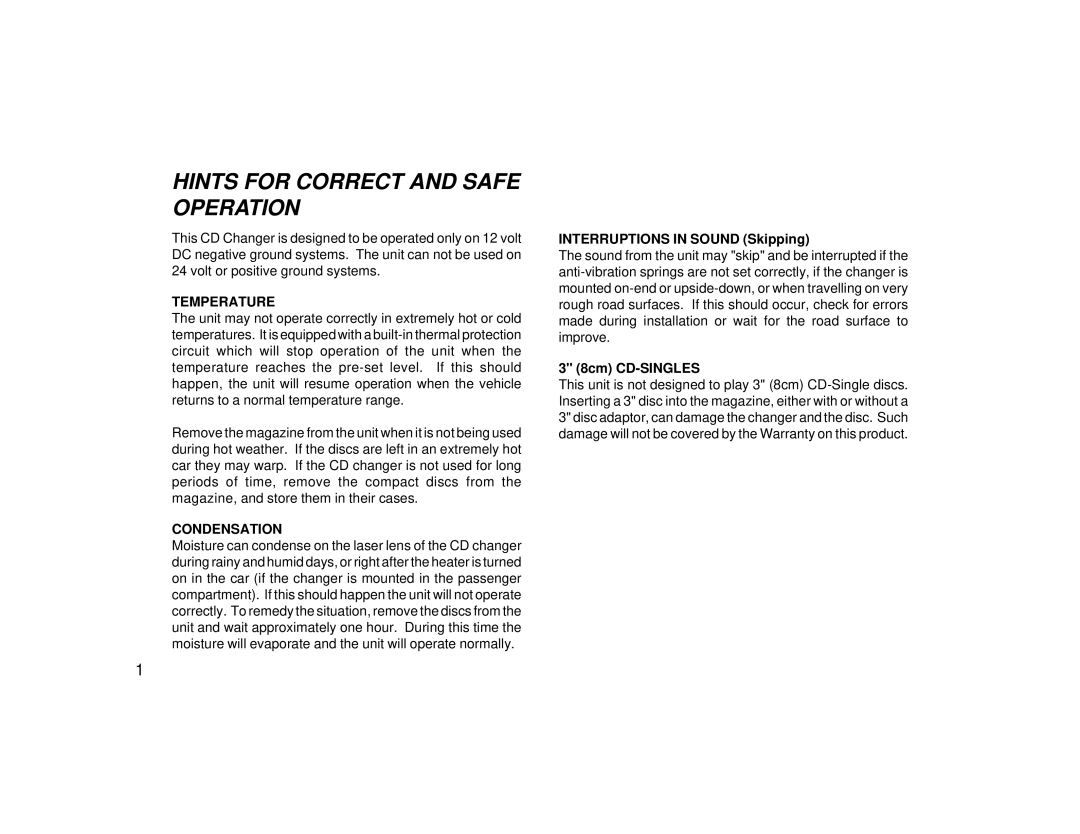 Audiovox SP11CDP manual Hints for Correct and Safe Operation, Temperature, Condensation, Interruptions in Sound Skipping 