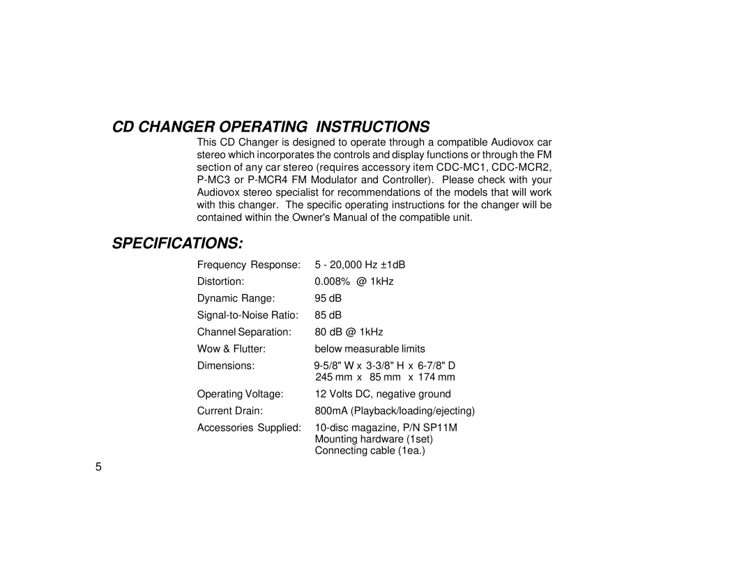 Audiovox SP11CDP manual CD Changer Operating Instructions Specifications 