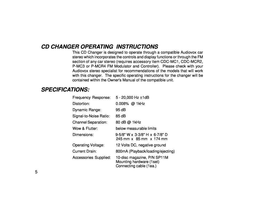 Audiovox SP11CDP manual Cd Changer Operating Instructions, Specifications 