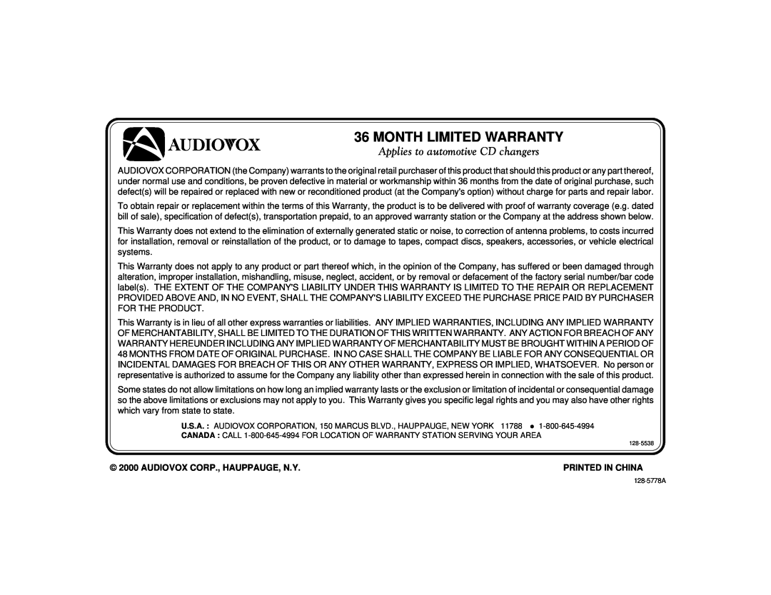 Audiovox SP11CDP manual Month Limited Warranty, Applies to automotive CD changers, Audiovox Corp., Hauppauge, N.Y 