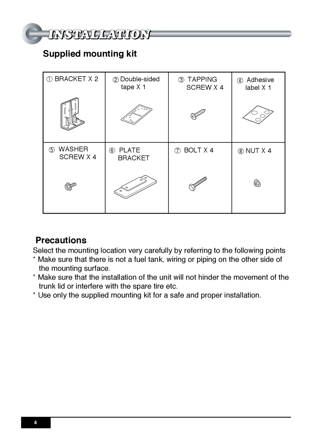 Audiovox SP6CDP manual Supplied mounting kit, Precautions 