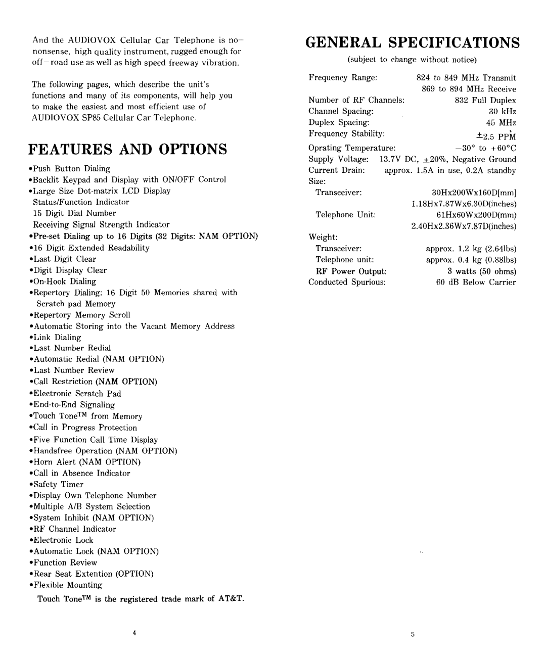 Audiovox SP85 manual 