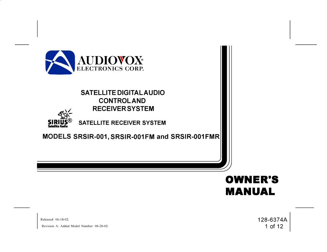 Audiovox SRSIR-001, SRSIR-001FM, SRSIR-001FMR manual Owners Manual 