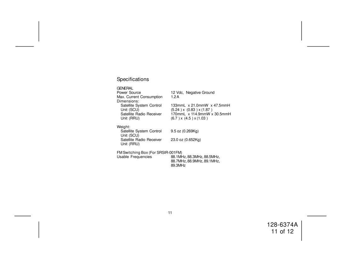 Audiovox SRSIR-001, SRSIR-001FM, SRSIR-001FMR manual Specifications, Unit RRU X 4.5 x 