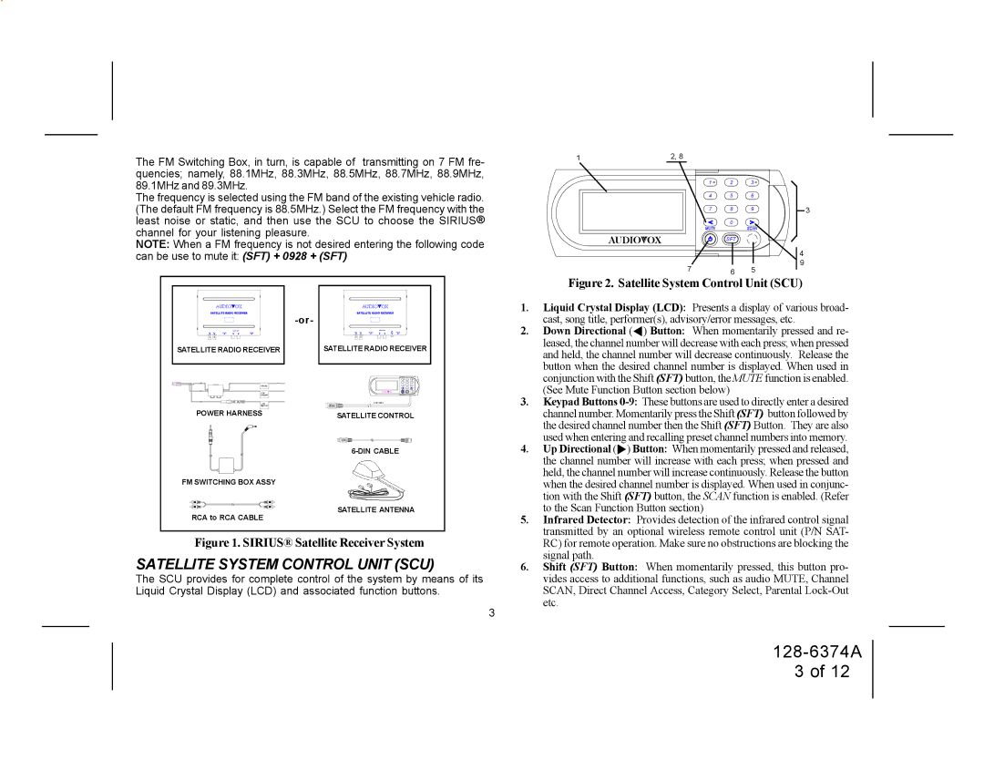 Audiovox SRSIR-001, SRSIR-001FM, SRSIR-001FMR manual Satellite System Control Unit SCU, Sirius Satellite Receiver System 