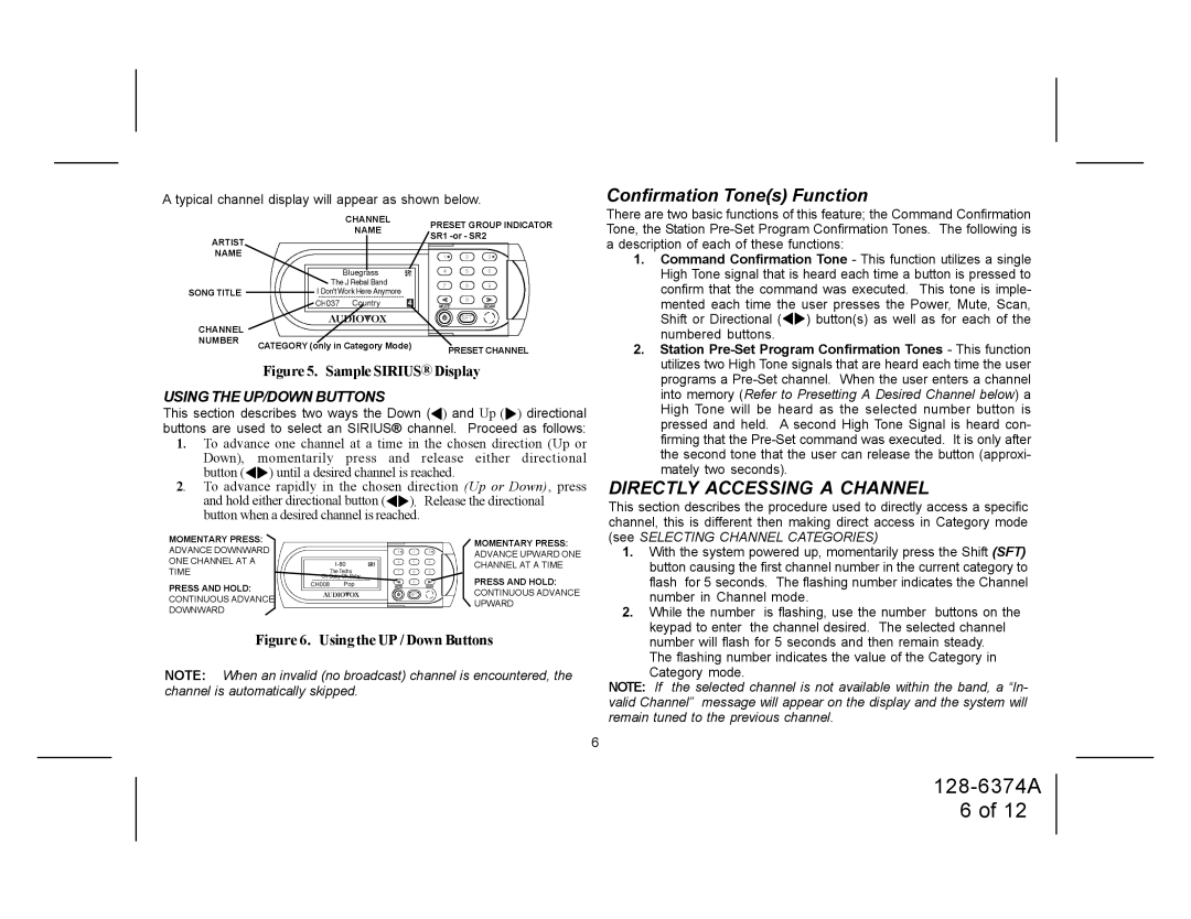 Audiovox SRSIR-001 manual Confirmation Tones Function, Directly Accessing a Channel, Using the UP/DOWN Buttons 