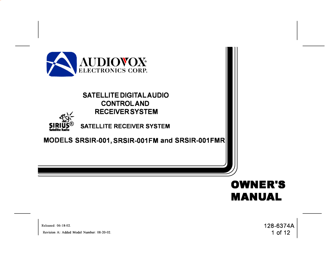 Audiovox SRSIR-001, SRSIR-001FM, SRSIR-001FMR manual Satellite Receiver System, 128-6374A 1 of 
