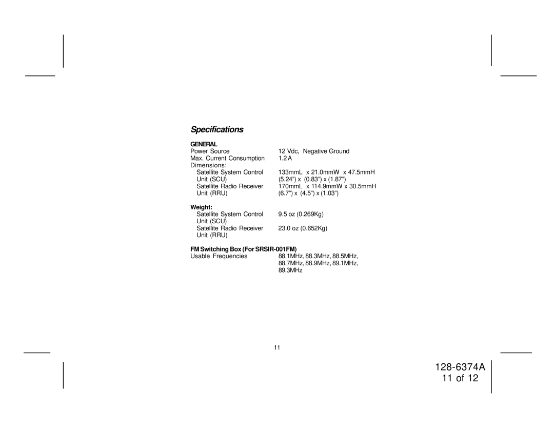 Audiovox SRSIR-001FM, SRSIR-001FMR manual Specifications, Unit RRU X 4.5 x 