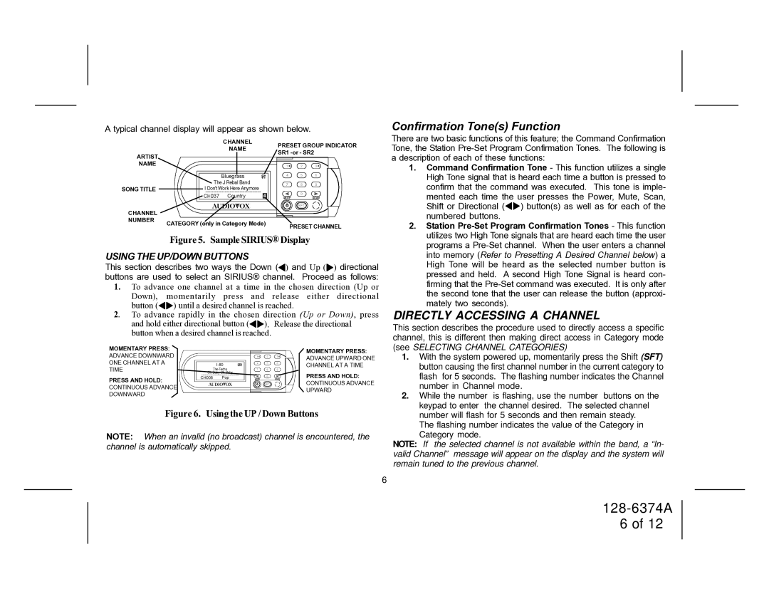 Audiovox SRSIR-001FM, SRSIR-001FMR Confirmation Tones Function, Directly Accessing a Channel, Using the UP/DOWN Buttons 
