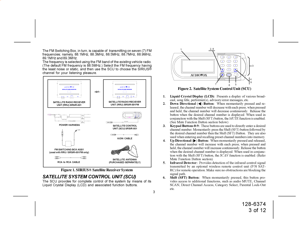 Audiovox SRSIR-001FM manual Satellite System Control Unit SCU, Sirius Satellite Receiver System 
