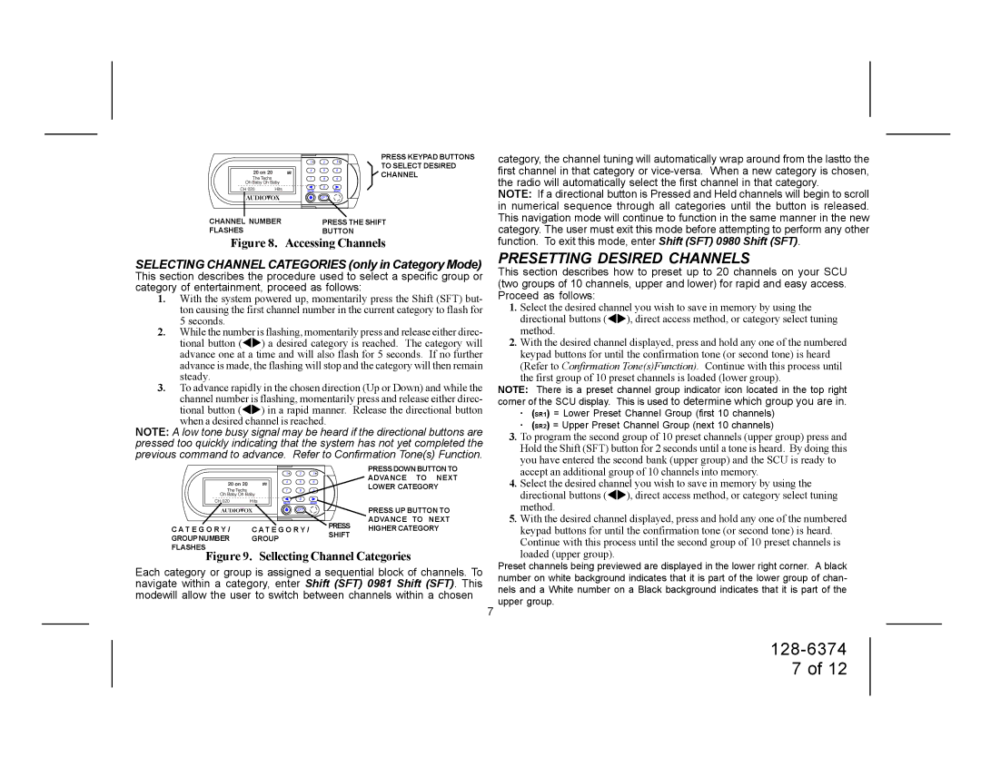 Audiovox SRSIR-001FM manual Presetting Desired Channels, Selecting Channel Categories only in Category Mode 
