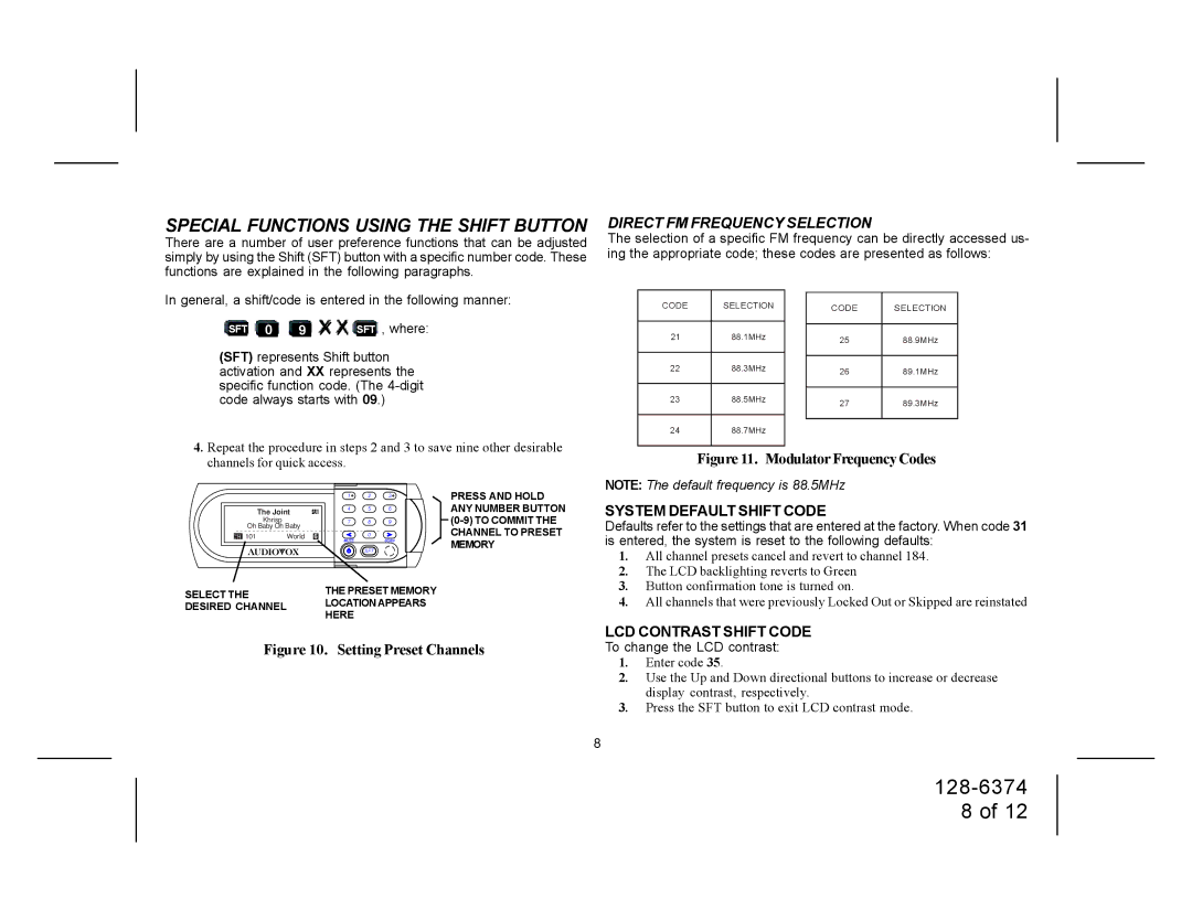 Audiovox SRSIR-001FM Special Functions Using the Shift Button, Direct FM Frequency Selection, To change the LCD contrast 