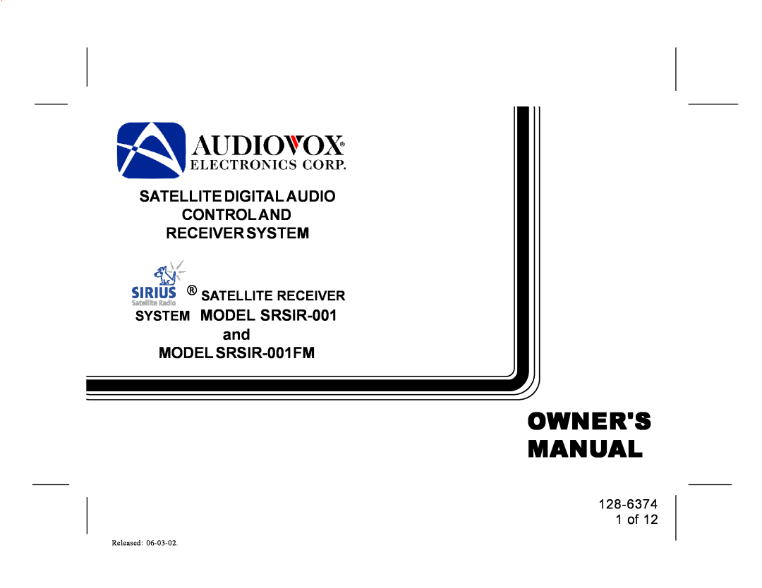 Audiovox manual 128-6374 1 of, Satellite Digital Audio Control And, Receiver System, and MODEL SRSIR-001FM 