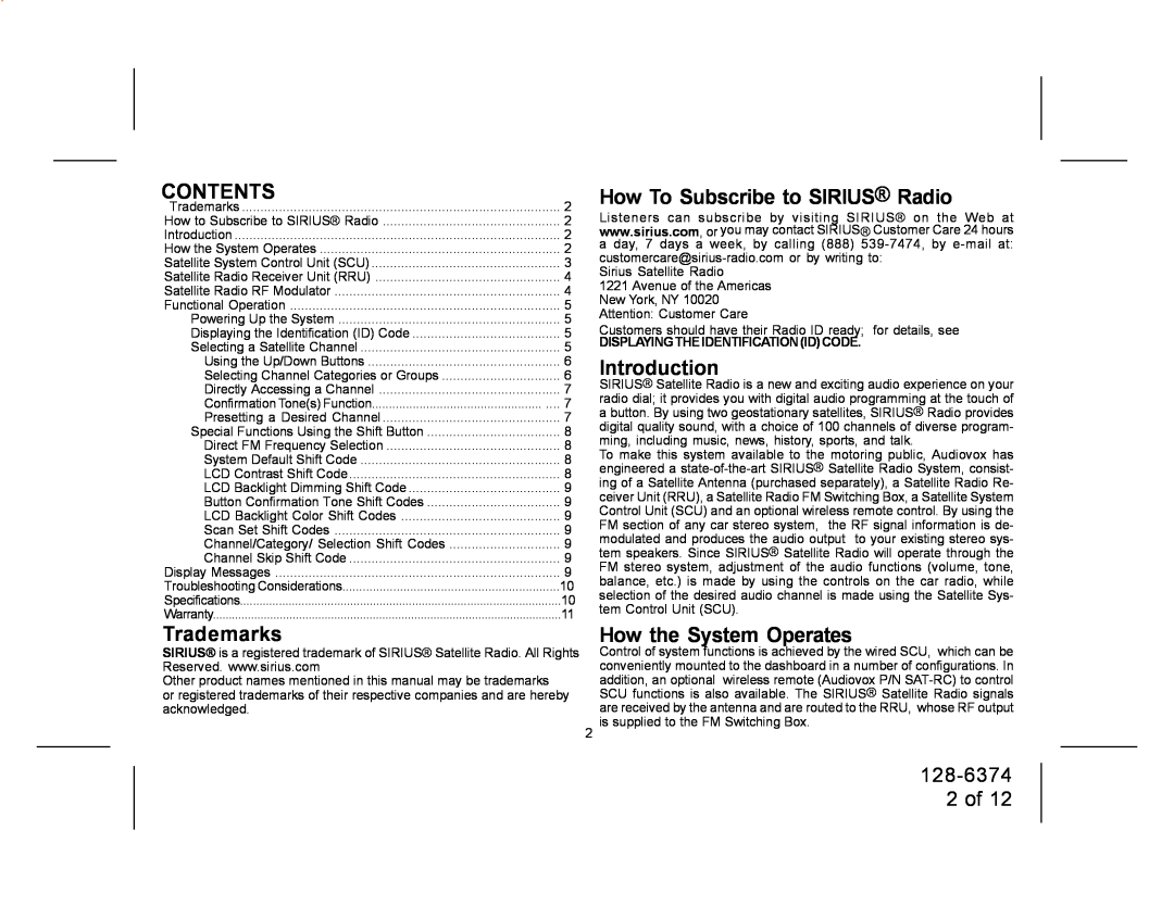 Audiovox SRSIR-001FM manual Contents, Trademarks, How To Subscribe to SIRIUS Radio, Introduction, How the System Operates 