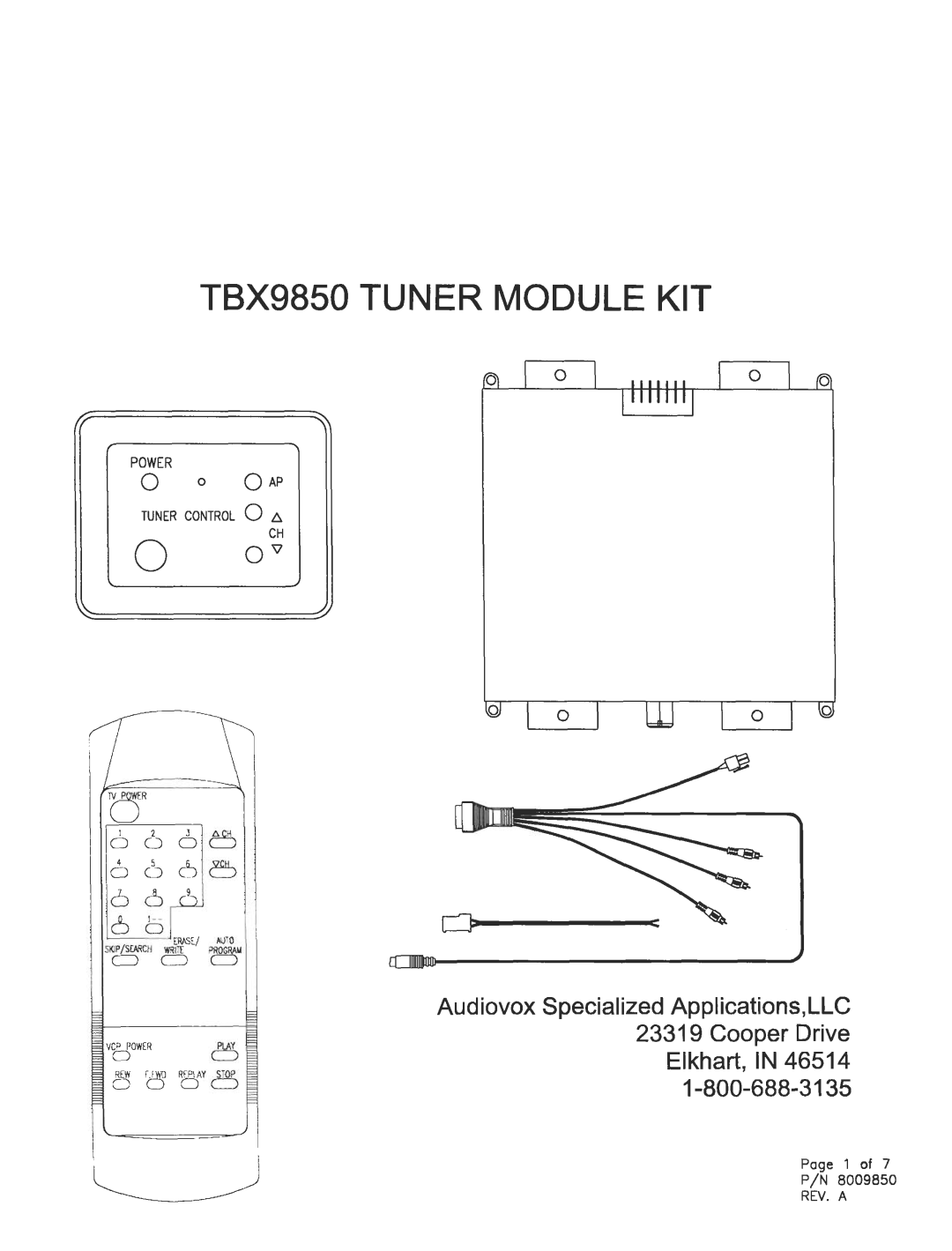 Audiovox TBX9850 manual Audiovox Specialized Applications,LLC Cooper Drive Elkhart 