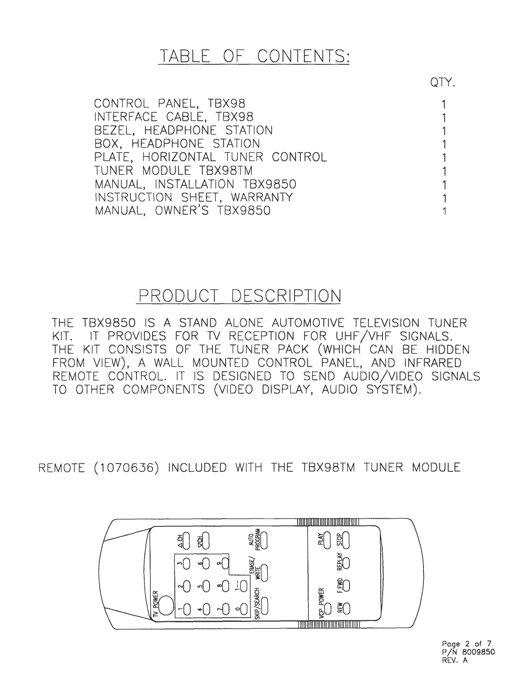 Audiovox TBX9850 manual Contents 