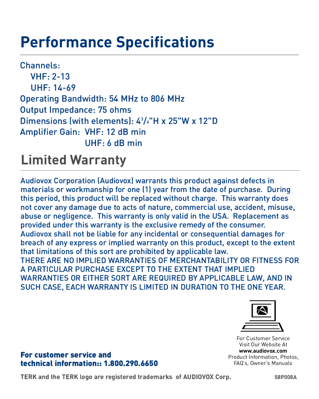 Audiovox TERK TV5 warranty Performance Specifications, Limited Warranty 