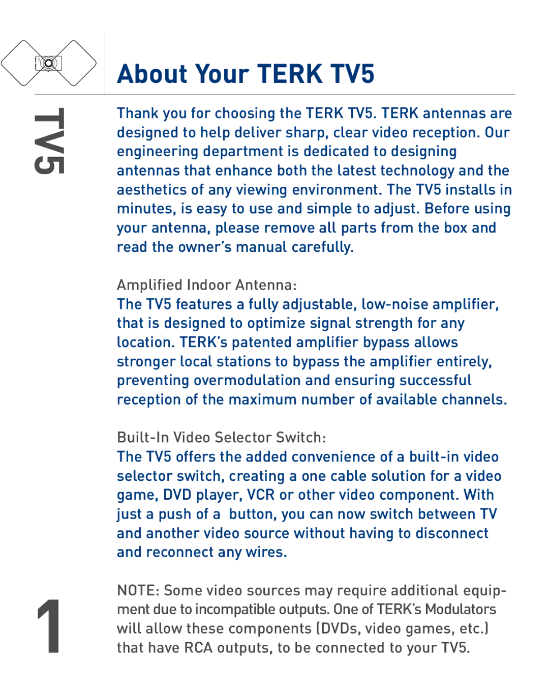 Audiovox TERK TV5 warranty About Your Terk TV5, Amplified Indoor Antenna, Built-In Video Selector Switch 