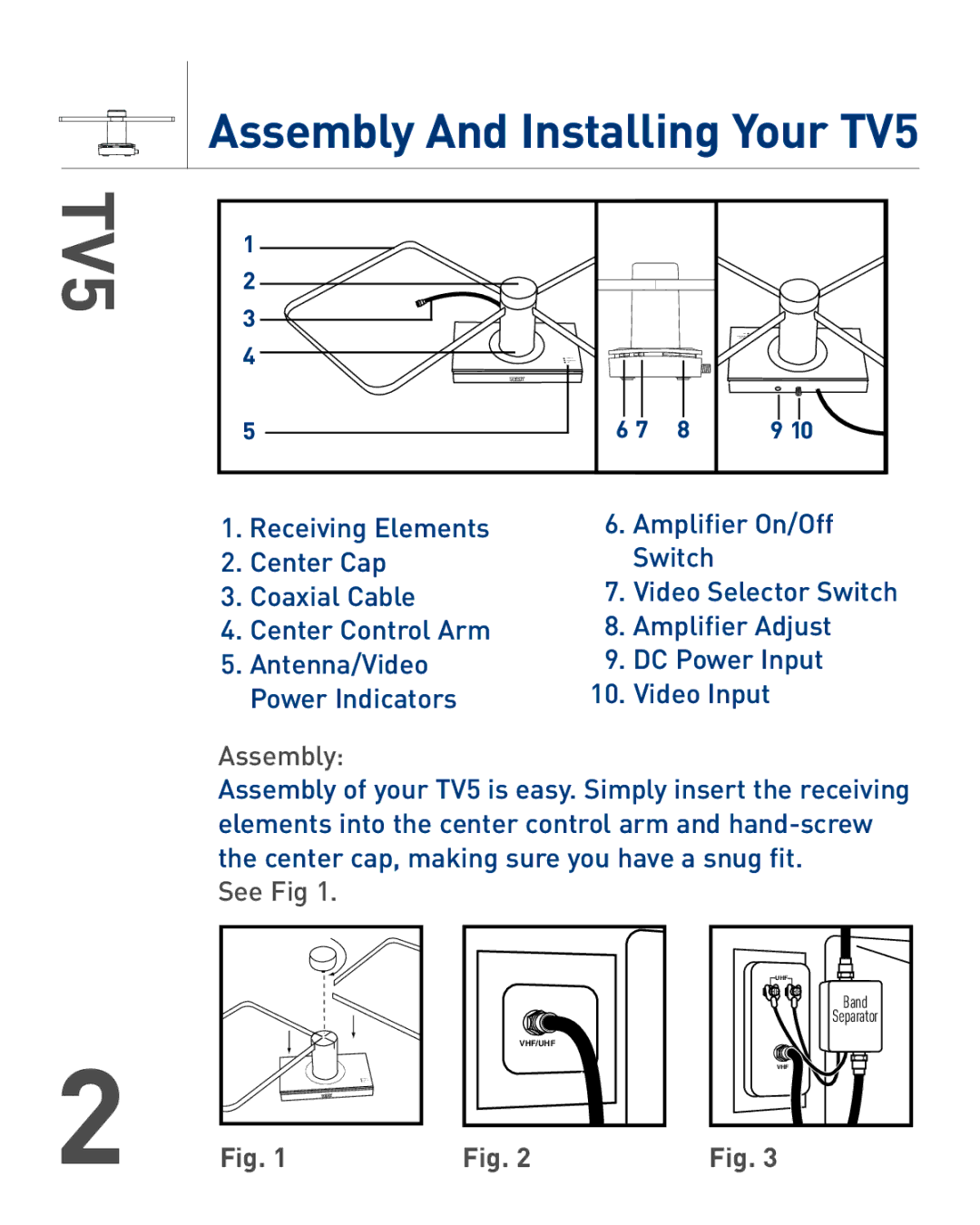 Audiovox TERK TV5 warranty Assembly, See Fig 