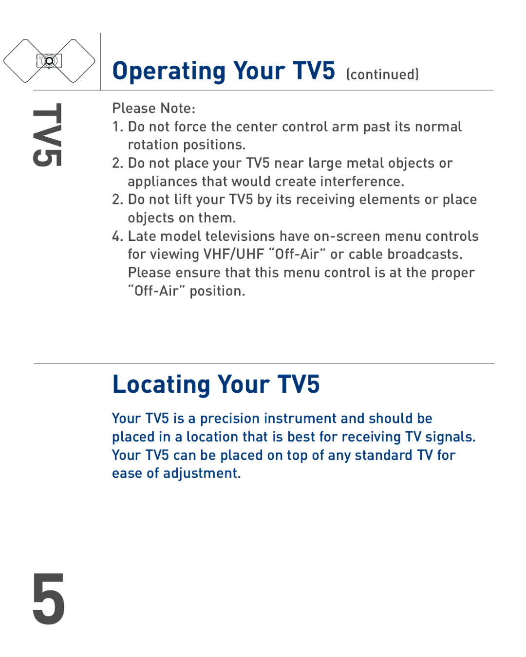 Audiovox TERK TV5 warranty Operating Your TV5, Locating Your TV5 